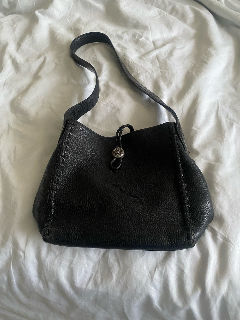 Brighton Black Pebbled Leather Shoulder Bag with Whipstitch Trim